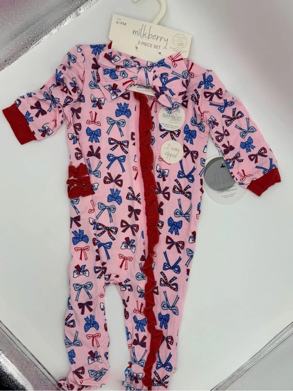 NWT Milkberry Pink American Bow Bamboo Footie One-Piece- with matching Headband